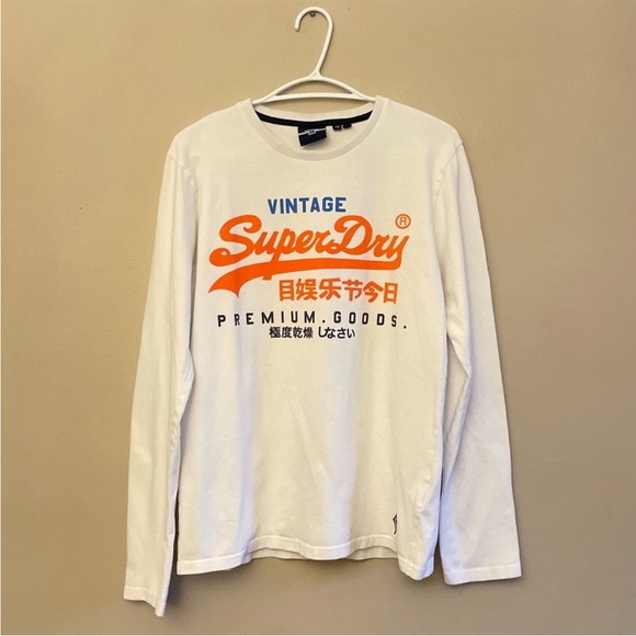 SuperDry White & Orange Graphic Long Sleeve Crewneck Cotton Tee - Size Medium - Picture 3 of 16